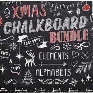 May include: A chalkboard-style Christmas bundle with hand-drawn elements. The design includes the text "XMAS CHALKBOARD BUNDLE" in red and white, along with various illustrations such as snowflakes, ornaments, and a reindeer. The bundle includes elements, alphabets, letters, numbers, borders, swirls, shapes, and arrows.