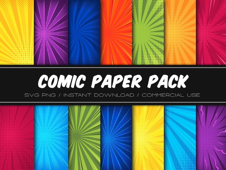 Rainbow Comic Digital Papers / Background - PNG & JPG - Commercial Use ...