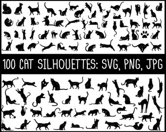100 Cat Silhouettes Bundle, SVG, PNG, JPG, Digital Cut Files, Transparent Background, Commercial Use, Instant Download, Kitty, Cat Playing