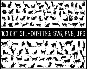 100 Cat Silhouettes Bundle, SVG, PNG, JPG, Digital Cut Files, Transparent Background, Commercial Use, Instant Download, Kitty, Cat Playing
