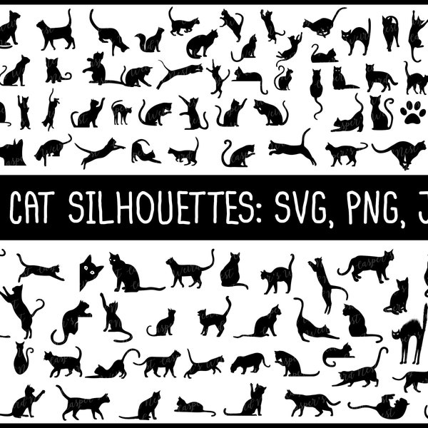 100 Cat Silhouettes Bundle, SVG, PNG, JPG, Digital Cut Files, Transparent Background, Commercial Use, Instant Download, Kitty, Cat Playing