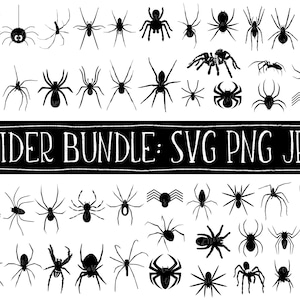 May include: A set of 40 black spider silhouettes in various poses. The spiders are arranged in rows and columns on a white background. The text "SPIDER BUNDLE: SVG PNG JPG" is displayed in white text on a black background.