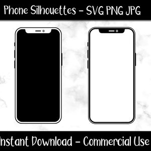 May include: Two black and white phone silhouettes with rounded corners and a small camera hole at the top. The phone on the left has a black screen and the phone on the right has a white screen.