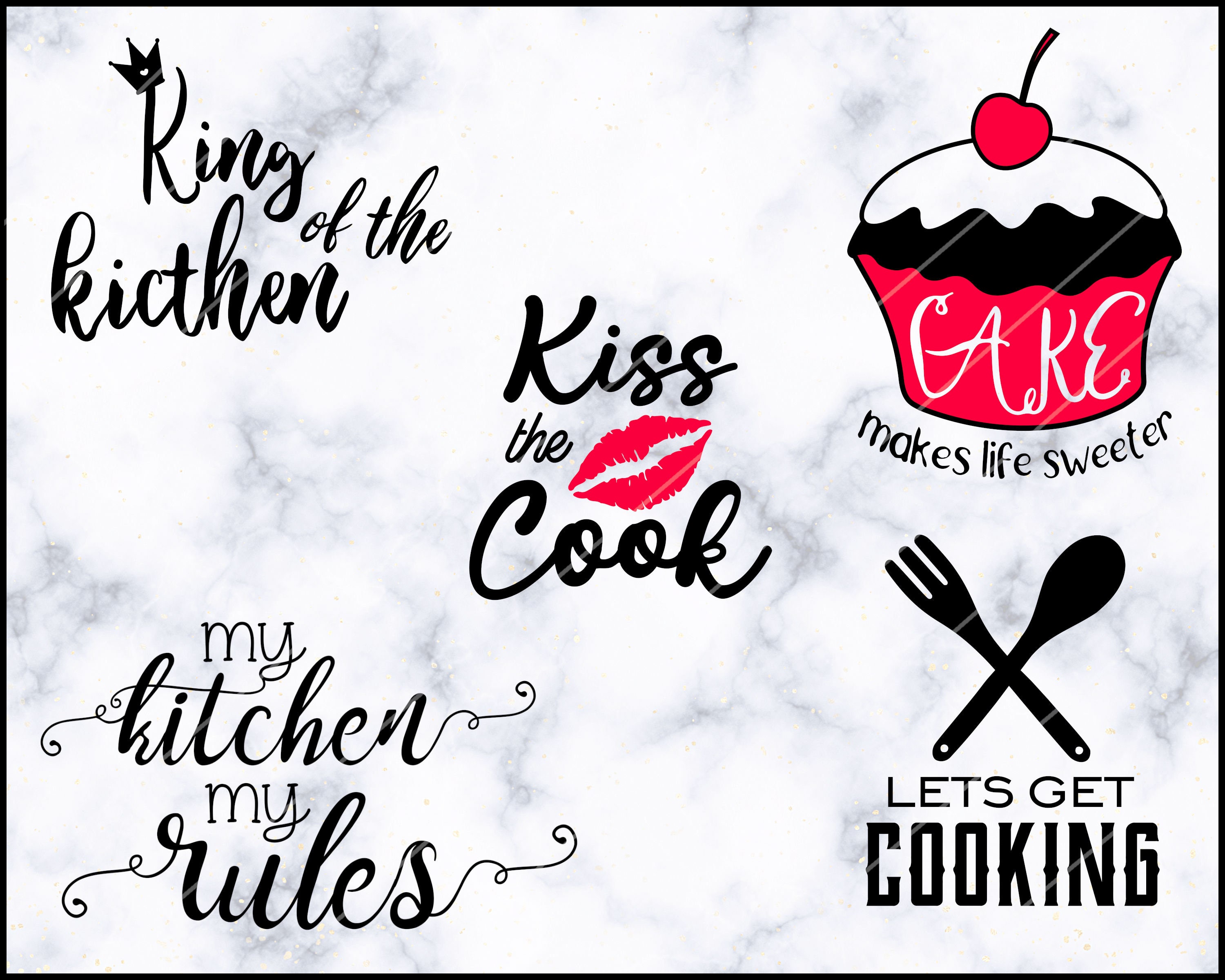 funny kitchen sayings svg bundle, kitchen quotes, dishes are looking at me  dirty, kiss the cook, life is short, lick the bowl, png, jpg, dxf