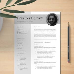 May include: A black and white resume template with a professional headshot of a man. The resume includes contact information, education, key skills, and professional experience.