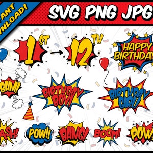 Styl komiksowy - Pakiet urodzinowy - SVG, PNG, JPG - Cyfrowy plik do cięcia, Użytek komercyjny, Natychmiastowe pobieranie, Pliki dla Cricut, Pop Art, Bang