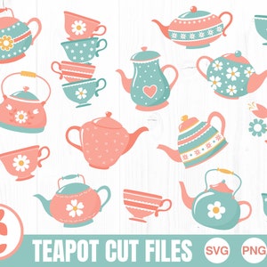 May include: A set of 12 digital cut files featuring teapots and teacups in pink, blue, and green with floral patterns. The files are available in SVG, PNG, and JPG formats.  TEAPOT CUT FILES is written in the bottom center of the image.
