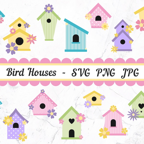 Flowery Bird Houses - SVG, PNG, JPG - Commercial Use, Birdhouse Clipart, Digital Cut File, Birdhouse Svg, Birdhouse Cut File, Flower Svg
