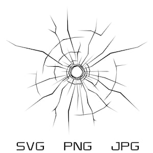 May include: A black and white illustration of a cracked glass window with a circular hole in the center.