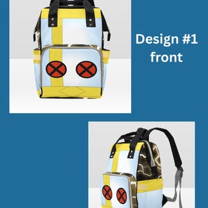 May include: A light blue and yellow backpack with black straps and accents. The front features two red X symbols on a white background. The text "Design #1 front" is visible on the right side of the image.