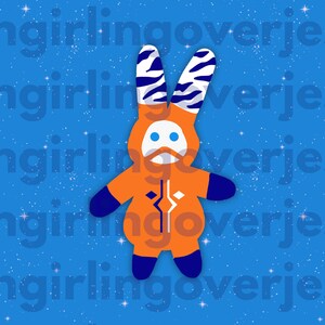 May include: A plush orange and blue bunny with a black and white striped head and blue eyes. The bunny is wearing a blue and orange jumpsuit with a black and white design on the front.