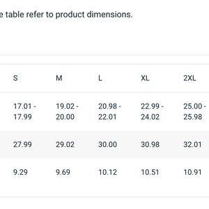 Puede incluir: Tabla de tallas que muestra el ancho del pecho, la longitud y la longitud de la manga en pulgadas para las tallas XS a 4XL.