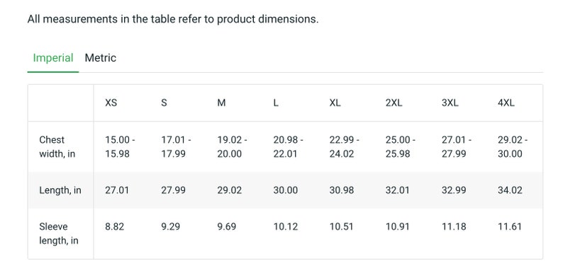 Puede incluir: Tabla de tallas que muestra el ancho del pecho, la longitud y la longitud de la manga en pulgadas para las tallas XS a 4XL.