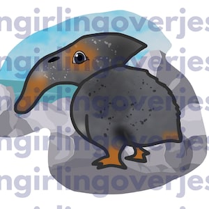 May include: A cartoon illustration of a gray and orange bird with a long beak standing on a gray rock. The bird has a blue and white background behind it.