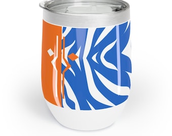 May include: A white stainless steel tumbler with a blue and white zebra print design and an orange stripe on the side.
