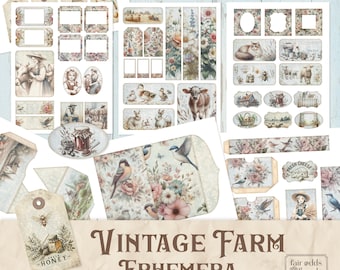 Vintage Farm Junk Journal Ephemera Kit | Rustieke boerderij afdrukbare ephemera | Boeren, dieren | Digitale download