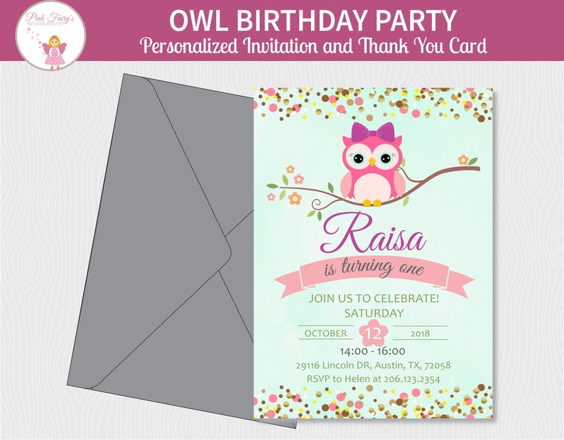 Pink Owl Birthday Invitation and Thank You Card Owl 1st Etsy