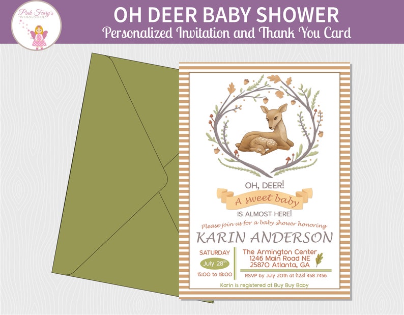 Baby Deer and Mommy Baby Shower Invitation in Watercolor image 0