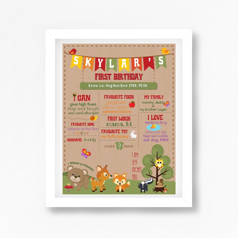 Woodland First Birthday Milestone Poster Woodland Animals image 0