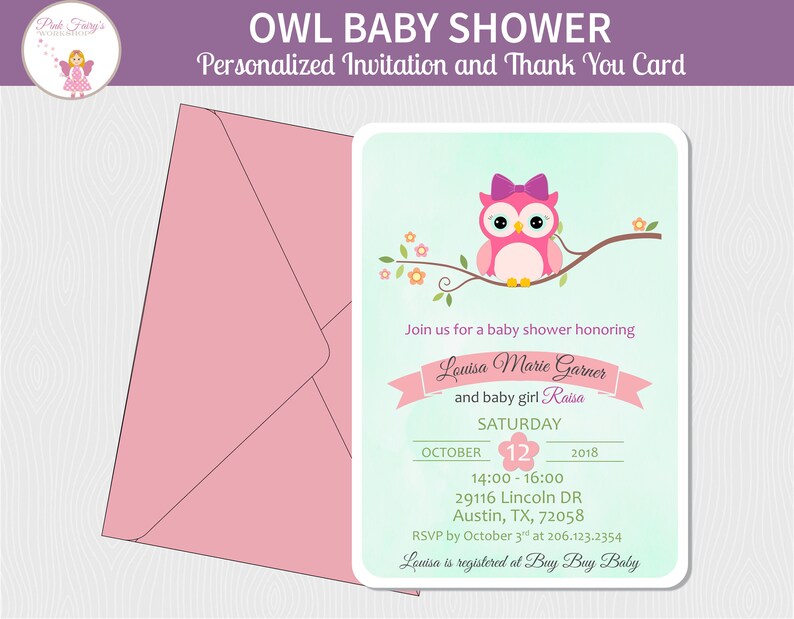 Little Pink Owl Baby Shower Invitation and Thank You Card  image 0