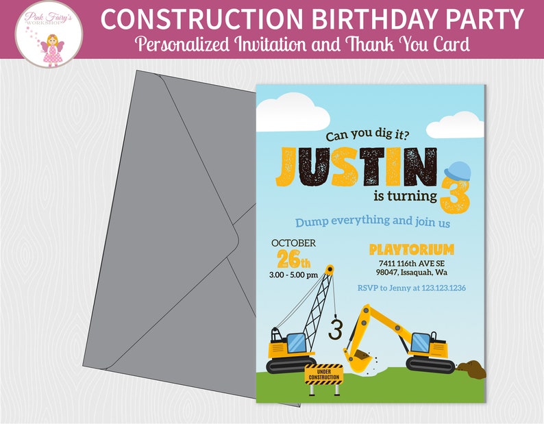 Construction Birthday Invitation and Thank You Card Excavator image 0