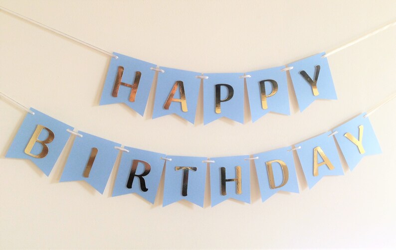 Blue Gold Happy Birthday Banner Boy Birthday Banner Blue image 0