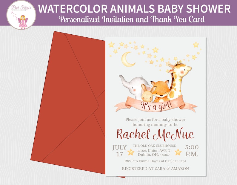 Watercolor Animals Baby Shower Invitation and Thank You Card image 0