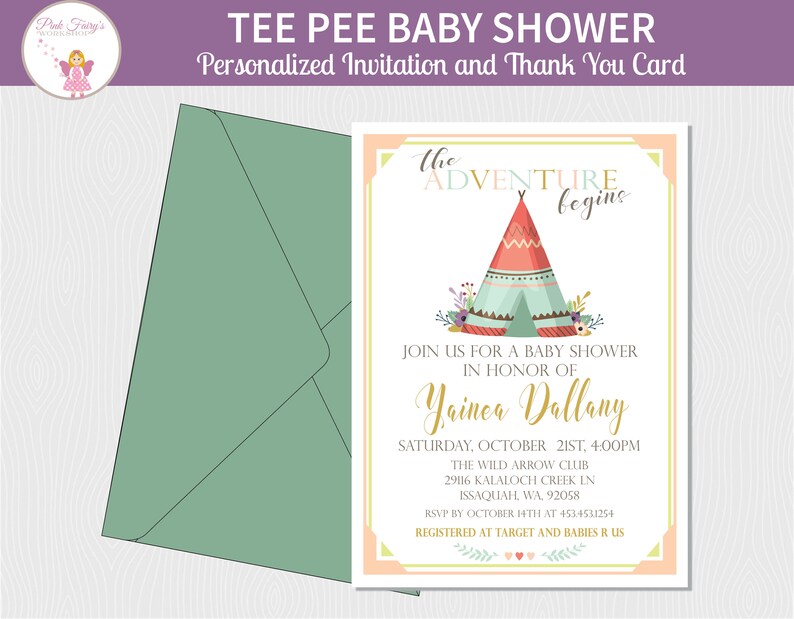 Tee Pee Baby Shower Invite and Thank You Card Tribal Invite image 0