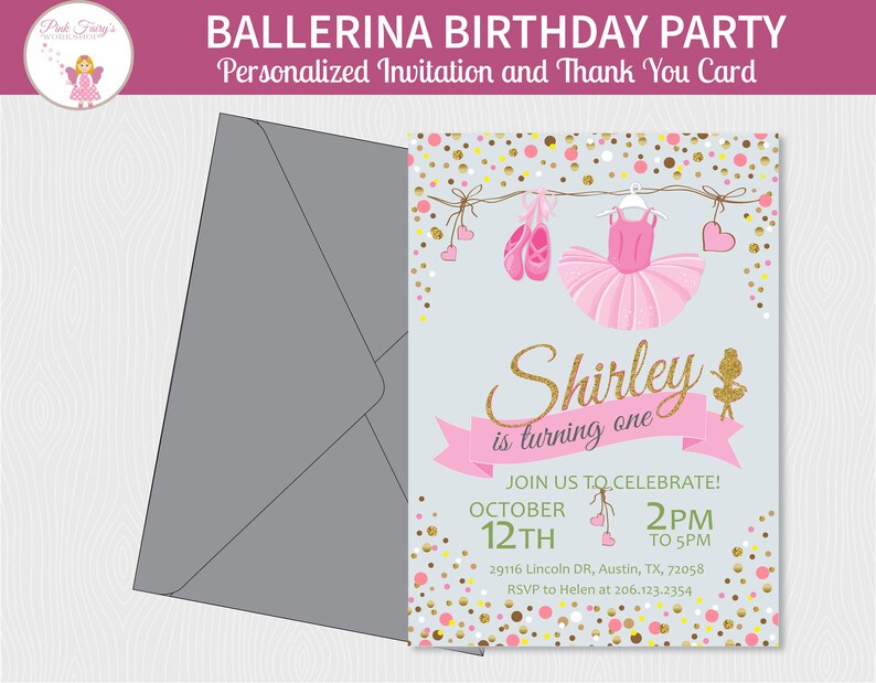 Ballerina Birthday Invitation and Thank You Card Ballerina image 0