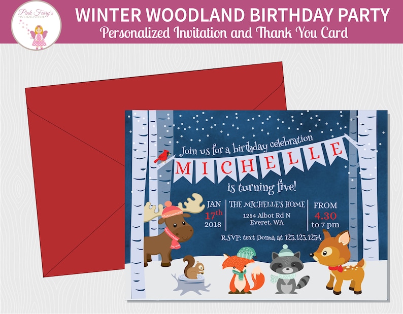 Winter Woodland Birthday Invitation and Thank You Card Winter image 0