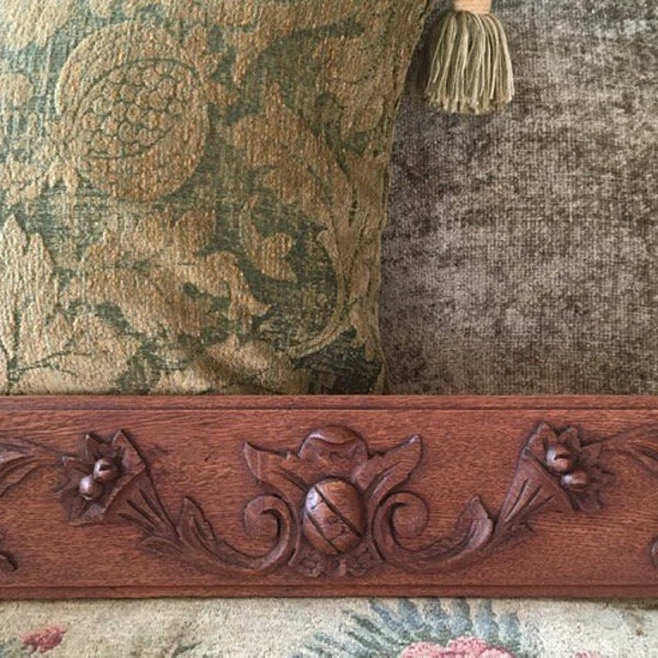 A beautifully carved French antique carved wooden panel with elegant fruit motifs and a central imposing medallion design.