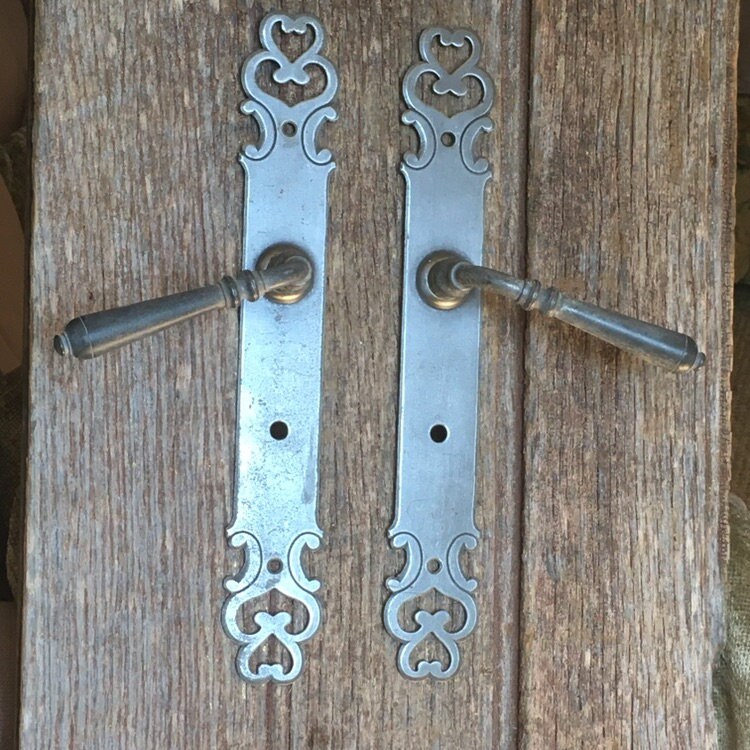 Une Paire de Plaques Porte en Métal Vintage Rustique Dans Un Design Classique avec Une Leviers Fer E