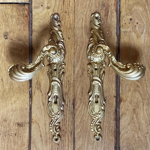 Könnte beinhalten: Zwei verzierte, goldfarbene Türgriffe. Jeder Griff hat einen gebogenen Hebel und eine dekorative Rückplatte mit aufwendigen Blumen- und Schnörkelmustern. Die Griffe sind auf einer Holzoberfläche montiert.