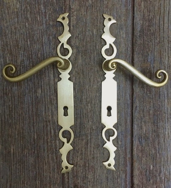 Une Paire Élégante de Plaques Porte en Laiton Vintage Dans Un Design Classique Tête Coq avec Une Lev