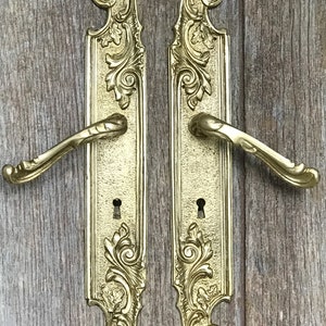 May include: A pair of ornate, gold-coloured door handles with keyholes. The handles feature a detailed, scrolling leaf and floral design. They are mounted on rectangular plates with a textured surface.