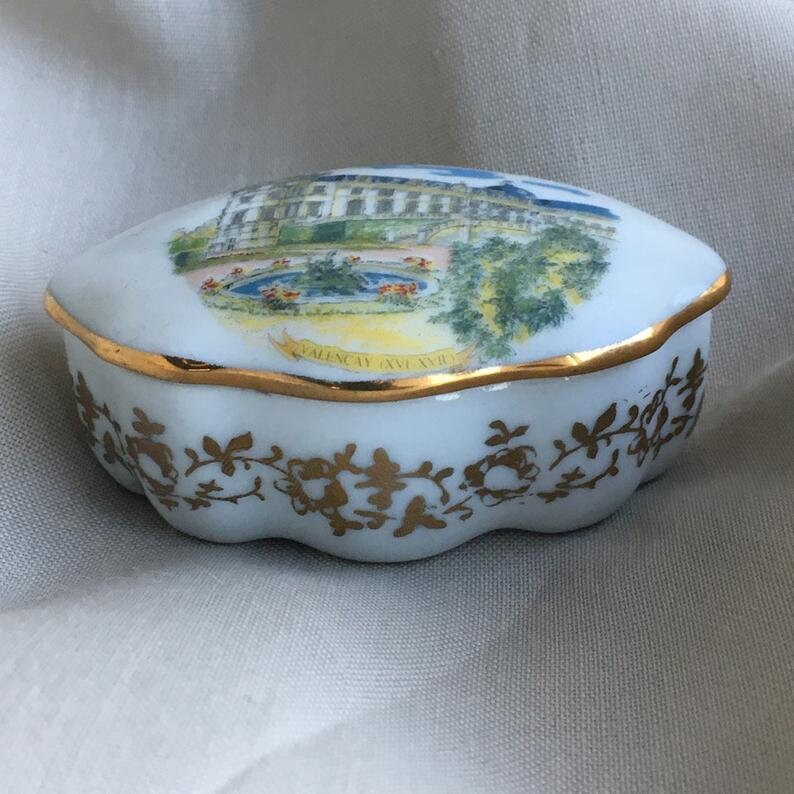 Français Pilulier en Porcelaine de Limoges, Tabatière, Boîte à Épingles avec Marque Fabricant sur Sa