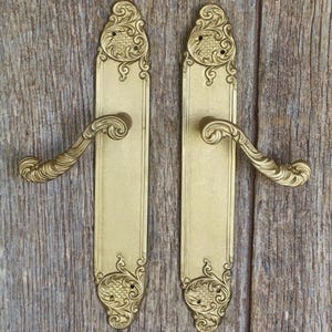 May include: A pair of gold-colored metal door handles with long, rectangular backplates. Each backplate features ornate, raised scrollwork and cross-hatched detailing at the top and bottom ends, with curved, textured lever handles.