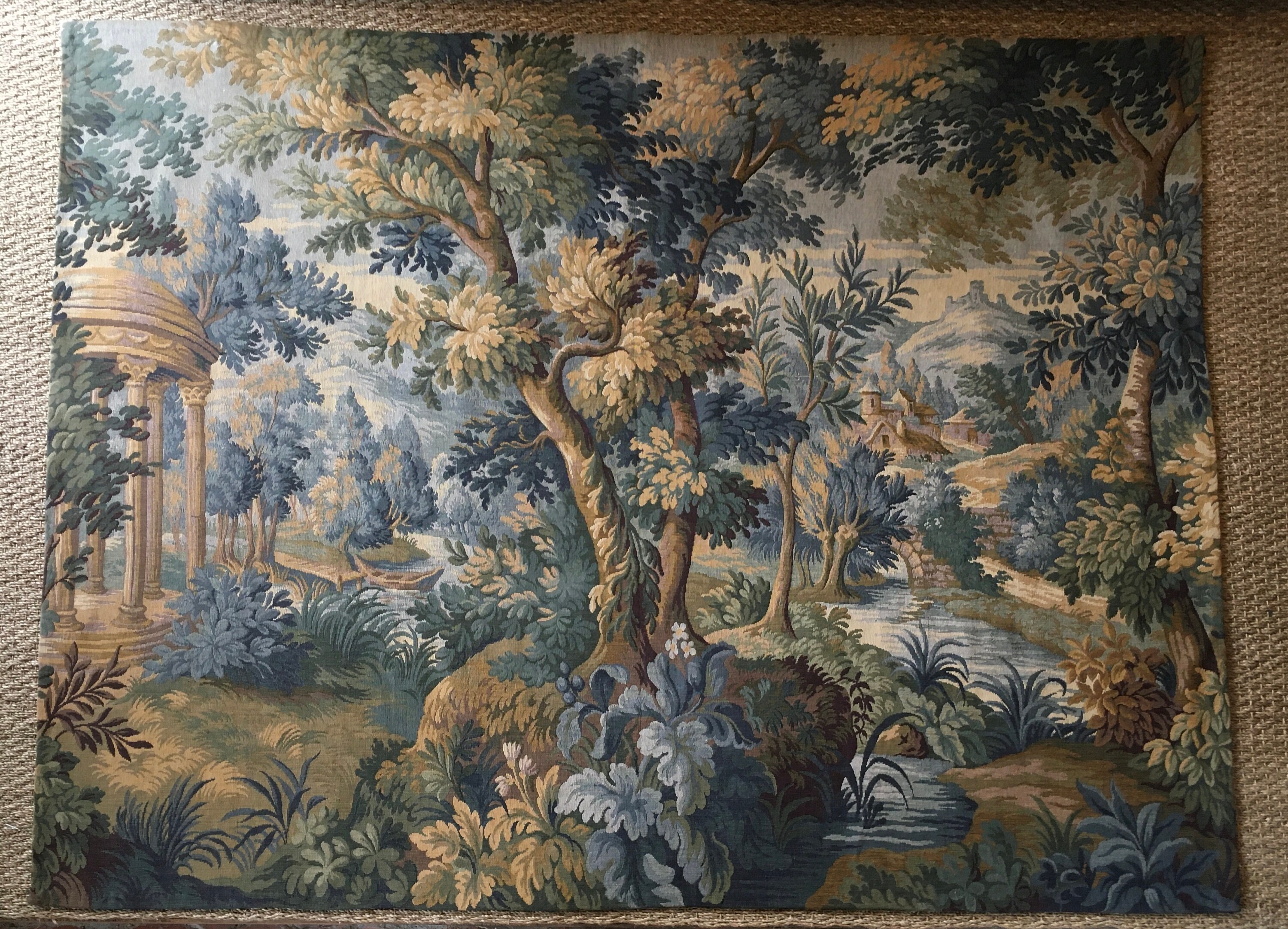 Magnifique Tapisserie Finement Tissée Français Très Grande de Verdure en Fibre Naturelle à L'ancienn