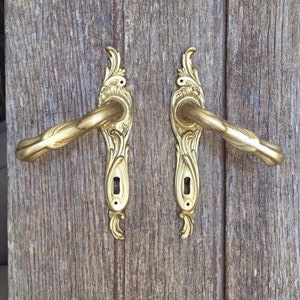 Una coppia di eleganti maniglie per porte in bronzo dorato, nel tradizionale stile rococò dalle linee fluide.