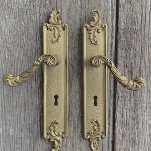 May include: A pair of brass door handles featuring rectangular backplates with textured surfaces and ornate scrollwork at the top and bottom. Each handle includes a central keyhole cutout and a curved, detailed lever for operation.