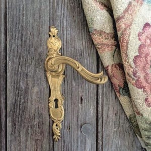 May include: A gold-toned metal door handle with an ornate, curved lever and a vertical backplate featuring intricate scrollwork and a central keyhole. The handle is positioned next to a small, circular metal coin for scale reference.
