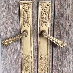 Puede incluir: Dos placas rectangulares de latón para puertas con manijas de palanca a juego. Cada placa presenta un borde de cuentas y motivos florales en relieve en la parte superior e inferior. Las manijas tienen un diseño de concha en la base y forma cónica.