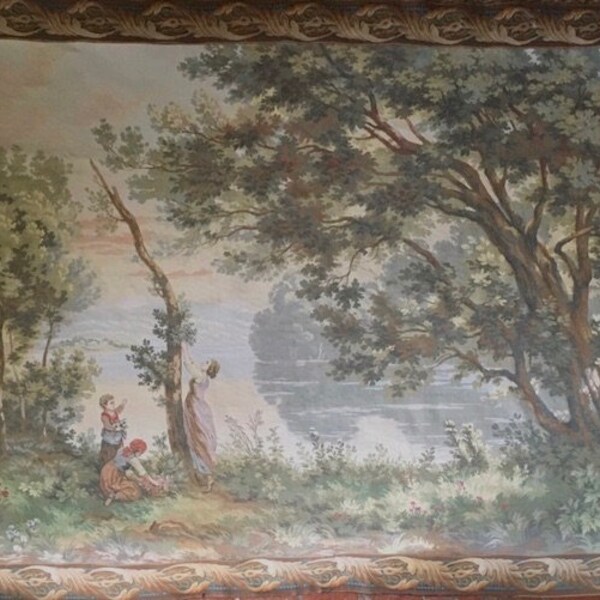 An imposing very finely woven French vintage  natural fibre figural and verdure tapestry.