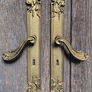 May include: A pair of matching brass door handles with long rectangular backplates. Each handle features an ornate, curved lever and intricate scrollwork detailing at the top and bottom of the plate, including a central keyhole cutout.