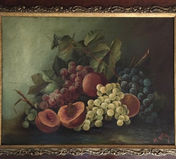 A Sumptous Continental School, Delicate Still Life With Peaches & Grapes, 19Ème Siècle Signé M Allel