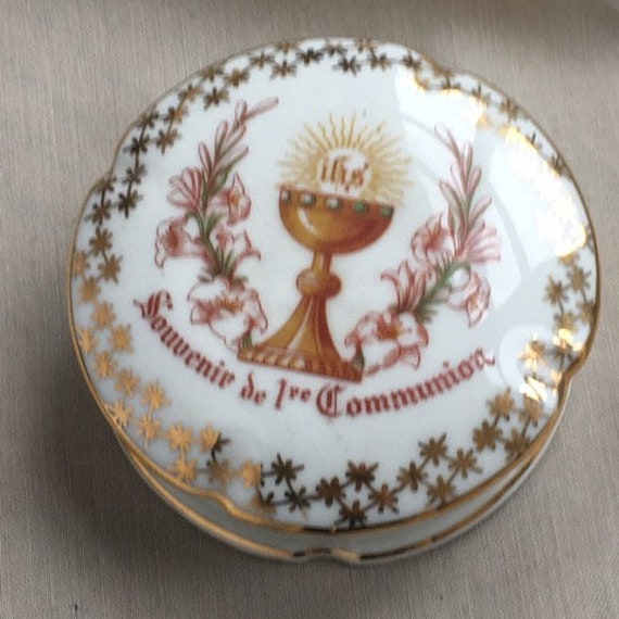 Charmant Premier Blanc de Communion et Or Boîte Circulaire en Porcelaine, à Pilules, Bijoux, Broches