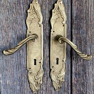 May include: Two matching brass door handles with elongated backplates featuring ornate, raised scrollwork patterns. Each handle has a curved lever and a central keyhole opening. The metal has a textured, matte finish with detailed relief carvings.