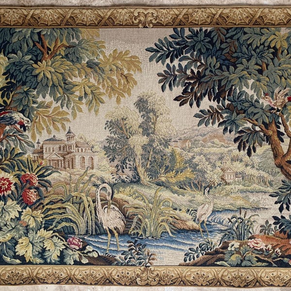 A classic large finely woven French vintage loom woven natural fibre verdure tapestry