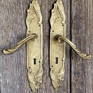May include: A pair of gold-colored metal door handles with long, rectangular backplates featuring ornate, raised leaf-like scrollwork patterns at the top and bottom, each equipped with a central keyhole and a curved, textured lever handle.