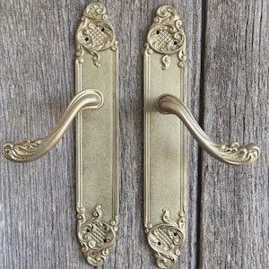A pair of  gilt bronze door plates with sinuouslu curving door levers - a set of doorhandles from Paris  in the rococo style